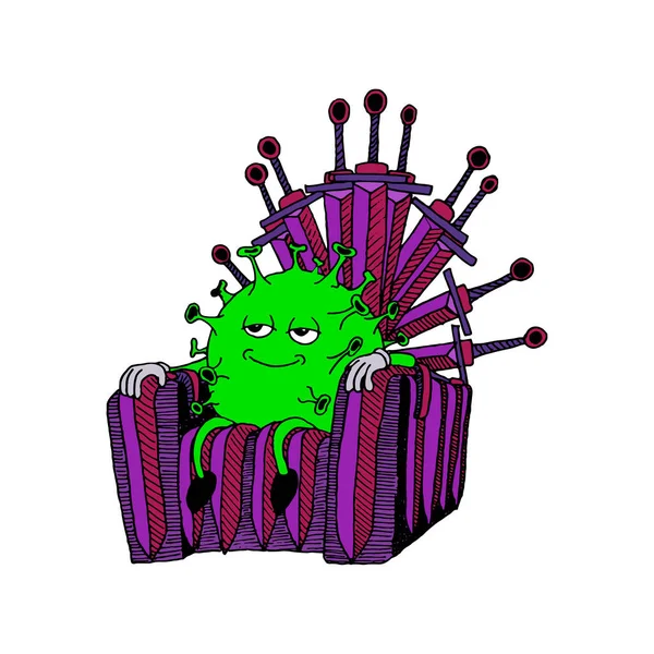 Çizgi film tarzında bir virüsün vektör çizimi. Yeşil Coronavirus tahtta oturuyor.