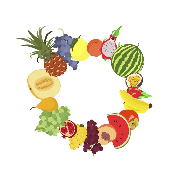 フラットスタイルのエキゾチックな果物で作られたフルーツベクトルサークル デザインメニュー レシピ ポスターのためのカラフルな果物のテンプレート — ストックベクタ