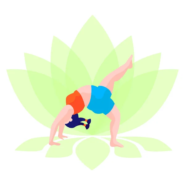 Wektorowa ilustracja kobiety wykonującej ćwiczenia rozciągające na tle lotosu, w płaskim stylu. Zajęcia fitness i jogi. Szczęśliwa koncepcja ciała. — Wektor stockowy