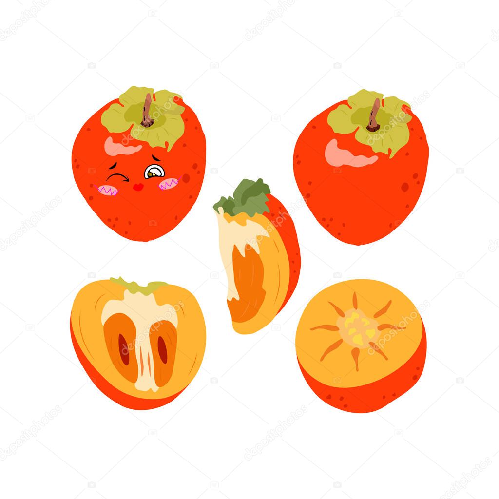 Collection of vector illustrations of persimmon whole, half and slices in a flat style. Set of juicy persimmons on a white background for design