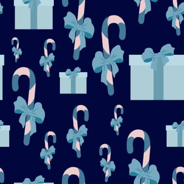 Şekerleme ve hediyelerin mavi arkaplanda kusursuz bir desen. Noel ve Yeni Yıl dekorasyonu için düz bir şekilde vektör illüstrasyonu..