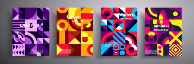 Retro grafik tasarım kapakları. Soyut geometrik şablon arka planı. Kitap kapakları, posterler, el ilanları, dergiler, iş yıllık raporları, müzik albümleri için renkli İsviçre tarzı kompozisyonlar.
