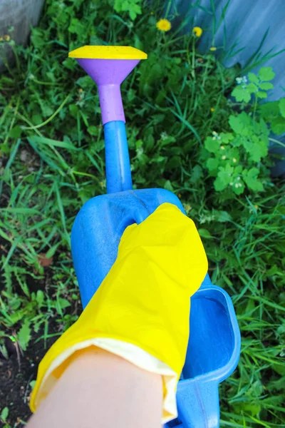 Een vrouwenhand in een gele rubberen handschoen houdt een plastic gieter vast. — Stockfoto