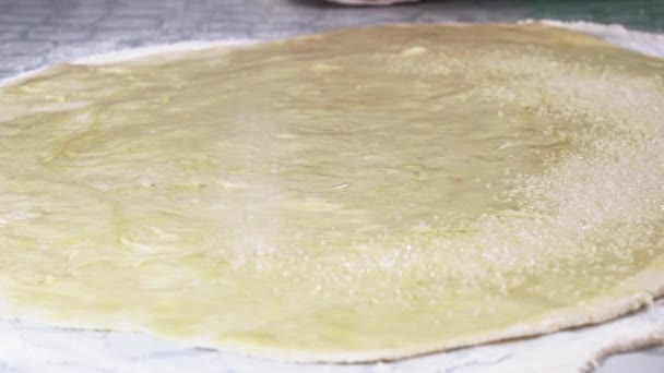 Присипте Цукром Піском Розгорніть Тісто Приготування Хлібних Рулетів Вибірковий Фокус — стокове відео