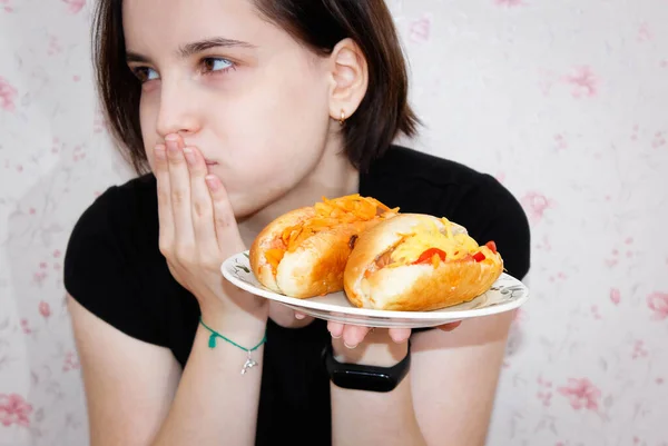 Girl Hot Dogs Her Hands Who Sick Sight Them Close — Stock Photo, Image