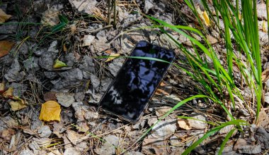 Kayıp akıllı telefon ormandaki yaprakların üzerinde çimlerin üzerinde yatıyor. Yatay çerçeve.