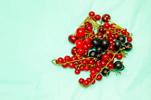 Farklı Böğürtlen Kirazları Mavi Arka Planda Kırmızı Siyah Üzümler Üst — Stok fotoğraf