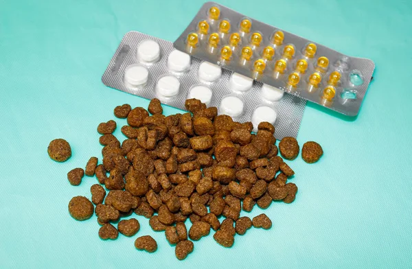 Near the dry animal feed are tablets for treatment in blisters. Concept of diseases of Pets. Selective shot