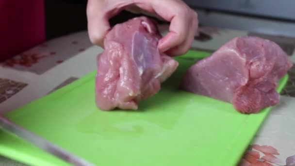 Femme Foyer Coupe Viande Crue Dans Cuisine Sur Une Planche — Video
