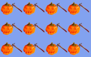 Cadılar Bayramı 'nda Jack' in kafasında mavi arka planda sıkışmış bir balta deseni. Yazdırma, şablon.