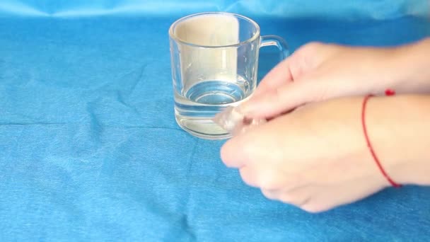 Woman Pulls Pill Out Blister Washes Water Mug Close Blue — Stock Video