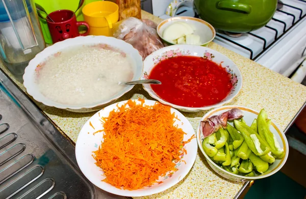 Preparado Con Los Ingredientes Las Verduras Picadas Bol Arroz Empapado — Foto de Stock