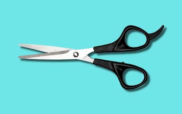 Scissors Black Handles Blue Background Close — Stock Photo, Image