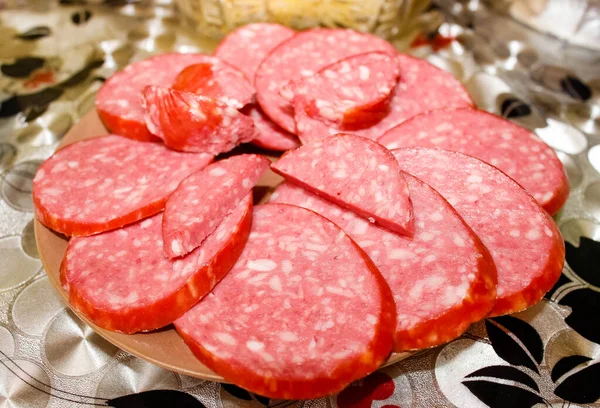 Sliced Smoked Salami Sausage Spread Out Plate Close Selective Shot Stock Image