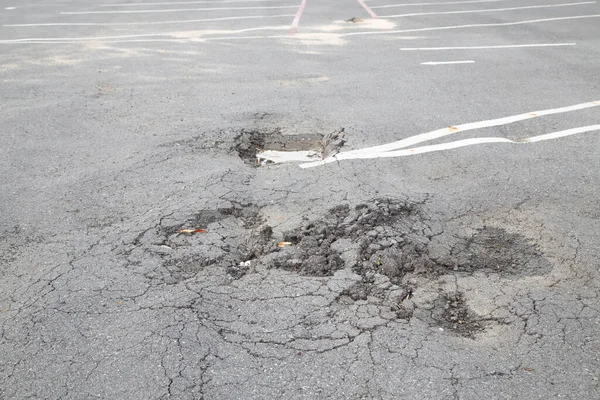 Damaged Road Deep Crack Asphalt Water Filled Pot Hole Road — Stock Photo, Image