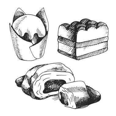 Kek, kruvasan, kurabiye, badem kurabiyesi ve çörekli yemek menüsü için el yapımı ikonlar. Fast food vektörü. Boyama kitabı, broşür ya da broşür için harika bir eskiz çizimi.