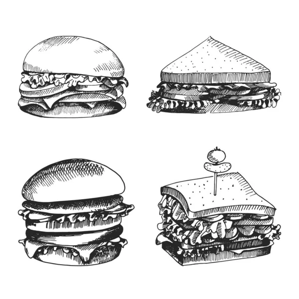 ハンバーガーとサンドイッチとフードメニューのための手描きのアイコン ファーストフード ベクトルだ 着色本 パンフレットやリーフレットのデザインのための素晴らしいヴィンテージライン図面スケッチ — ストックベクタ