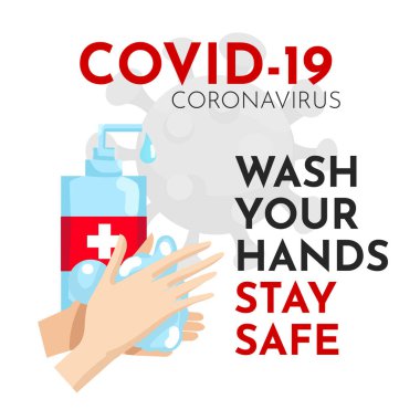 Çizgi film posterini kızla yıka. Tıbbi tasarım için vektör illüstrasyon covid-19. Coronavirus salgını etkili koruma konsepti. Solunum zatürresi hastalığı. Sağlık hizmeti konsepti vektörü. Tıbbi maskeli kadın ve erkek