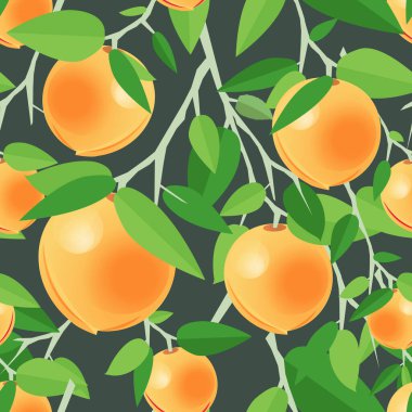 Koyu yeşil arka planda yaprakları olan olgun turuncu kayısılar. Tekstil endüstrisi için kusursuz desenler, dokular, yastıklar, posterler, tişörtler veya baskı tasarımı. Taze meyvelerin vektör illüstrasyonu 