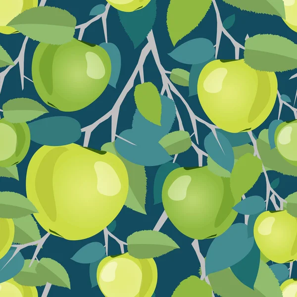 Modèle Sans Couture Pommes Vertes Sur Branche Avec Des Feuilles — Image vectorielle