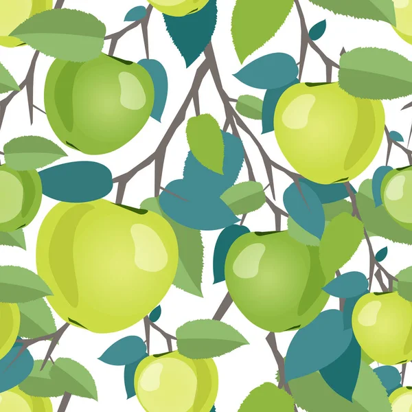 Pommes Vertes Sur Branche Avec Feuilles Modèle Sans Couture Avec — Image vectorielle