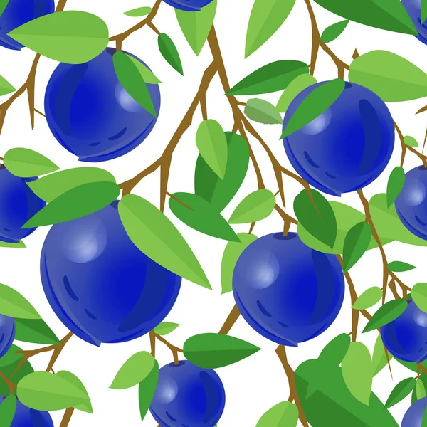 Motif Sans Couture Prunes Bleues Sur Branche Avec Des Feuilles — Image vectorielle