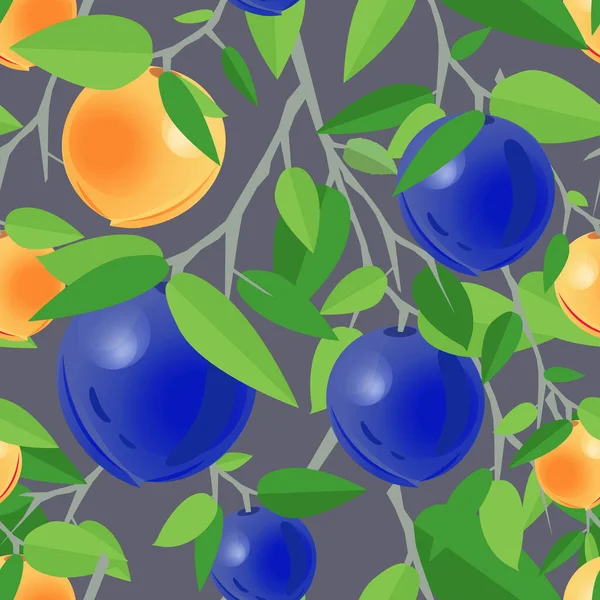 Abricots Prunes Sur Branche Avec Des Feuilles Sur Fond Sombre — Image vectorielle