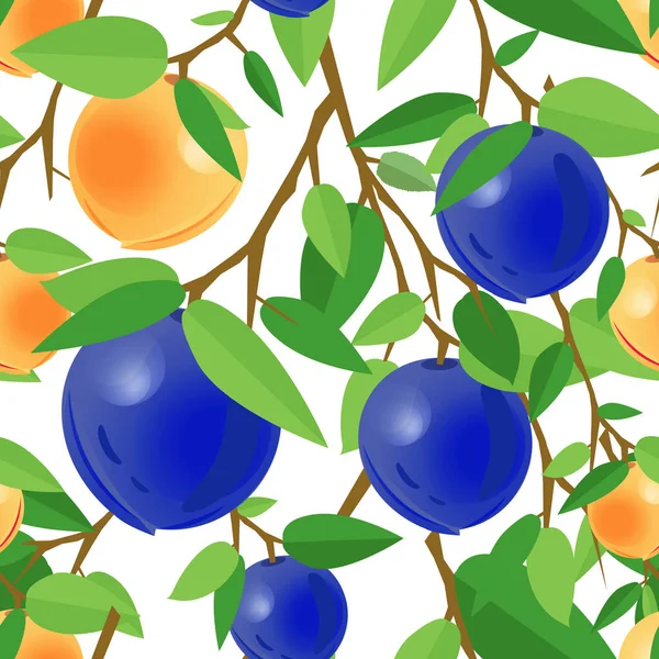 Abricots Mûrs Prunes Sur Branche Avec Feuilles Motif Sans Couture — Image vectorielle