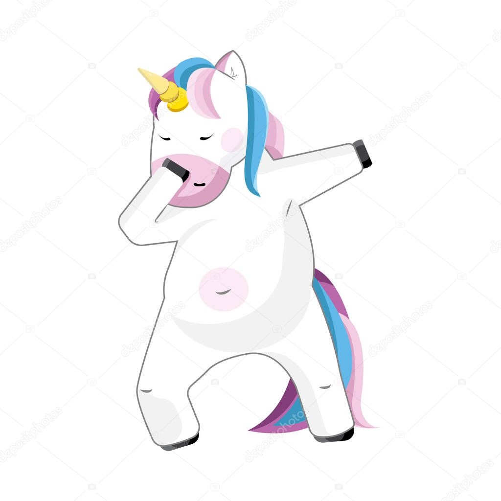 Cute and beautiful fantasy vector illustration of dabbing unicorn isolated on white background for t-shirts, poster, print or fashion style design. Funny cartoon character of Happy birthday party