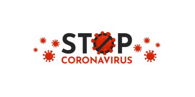 Tıbbi broşür, site afişi, poster, tişört ya da kapak tasarımı için metin durdurma koronavirüsü içeren kırmızı vektör çizimi. Covid-19, solunum zatürresi hastalığı, sağlık ve koruma kavramı