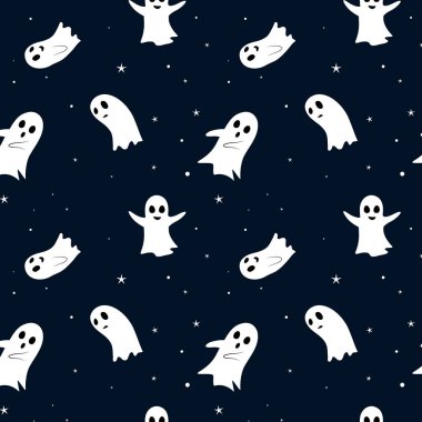 Gülümseyen hayalet ve ürkütücü hayalet Cadılar Bayramı için mavi arka planda kusursuz vektör deseni. Duvar kağıdı, hediye ambalajı, arka plan, tekstil, kumaş için tasarım. Cadılar Bayramı