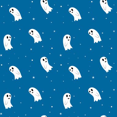 Cadılar Bayramı için açık mavi arka planda gülümseyen hayalet kusursuz vektör deseni. Duvar kağıdı, hediye ambalajı, arka plan, tekstil, kumaş için tasarım. Cadılar Bayramı