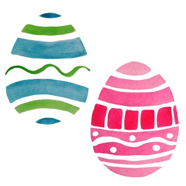 İki Paskalya yumurtası seti. El çizimi suluboya çizimi. Paskalya kartları, ambalaj kağıtları, tekstil ve reklam broşürleri için.