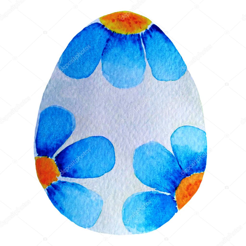 Easter egg painted with blue flowers. For the design of textiles, dishes, notebooks, wrapping paper, cards. Watercolor hand drawn illustration