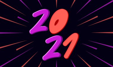 2021 şablon tasarımı. Poster, takvim, el ilanı, afiş, baskı, tebrik kartı için tasarım. 2021 el, koyu arkaplan ve çok renkli ışınlar üzerine çizilmiş.