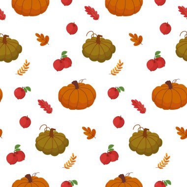 Balkabakları, elmalar ve renkli yapraklarla kusursuz sonbahar deseni. Mevsimlik hasat tasarımı Şükran Günü ve şenlikli dekorasyon için mükemmel. Vektör illüstrasyonu