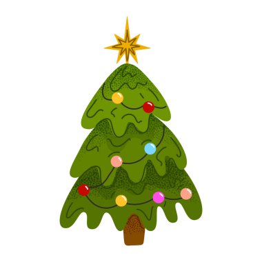 Üzerinde çelenk ve yıldız olan Noel ağacı. Yeşil köknar. Düz stil basit tatil illüstrasyonu. Vektör illüstrasyonu