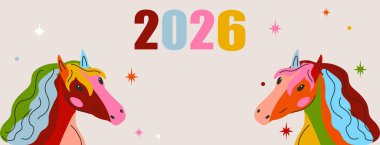 2026 yılı. İki at ve 2026 numara. Çin Yeni Yılı 2026 selamlama pankartı. Soyut moda arka planı. Vektör illüstrasyonu