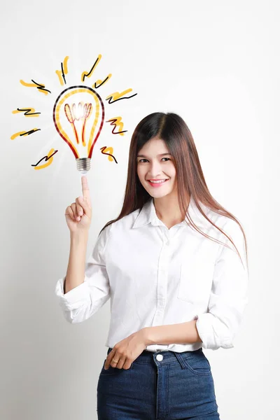 Business idea concept with young thinking asian woman,  Concept of Idea for presenting new ideas Great inspiration and innovation new beginning.