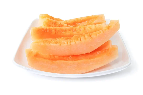 Tutup Potongan Cantaloupe Melon Kuning Piring Yang Diisolasi Pada Latar — Stok Foto