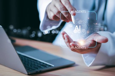 Businessman using digital pen to interact with AI agents hologram, showcasing artificial intelligence, innovation, data technology, and future solutions for business automation.