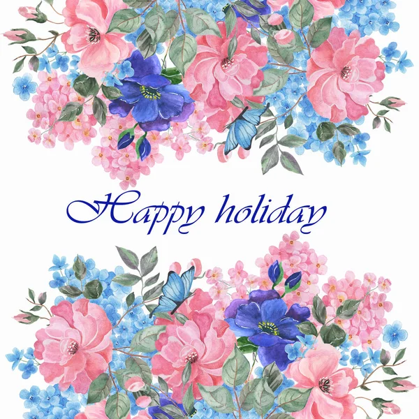 Postkarte Mit Blumen Und Schmetterlingen Perfekt Für Einladungen Und Urlaubsgrüße — Stockfoto