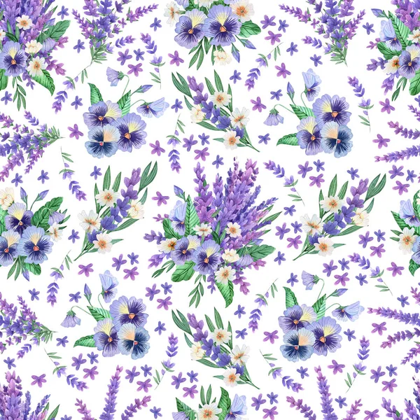 Wzór Bezszwowy Akwarelowy Lawendą Fioletem Pierwiosnkiem Piękny Wzór Tkaniny Tapety — Zdjęcie stockowe