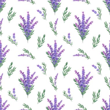 Lavanta ve yapraklarla suluboya kusursuz desen. Beyaz arka plan el yapımı tekstil tasarımları