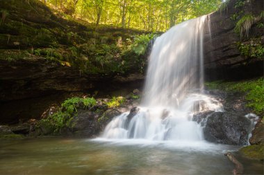 Manzaralı Skok şelalesinde şaşırtıcı güneş ışınları, uzun süre maruz kalan suyun hareketi ve ıslak, karanlık kayalarda canlı yeşil bitkiler.