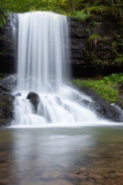 Sırbistan 'ın Senokos kasabası yakınlarındaki Eski Dağ' daki Skok şelalesinin ön manzarası, uzun süre açık ipek beyaz su ve koyu, ıslak kayalar yeşil bitkilerle kaplı