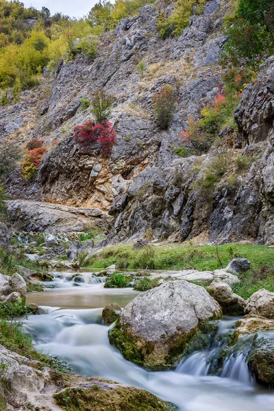 Arroyo Montañoso Larga Exposición Estrecho Cañón Árbol Rojo Color Otoñal — Foto de Stock