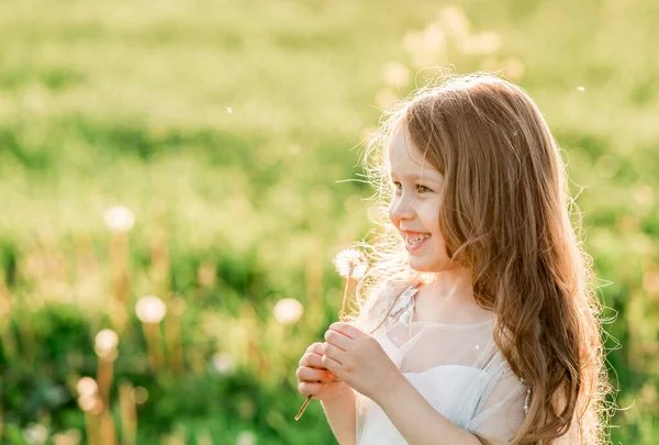 Ritratto Graziosa Bambina Riccia Abito Bianco Che Soggiorna Nel Prato — Foto Stock