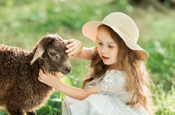 Ritratto Graziosa Bambina Riccia Abito Bianco Accarezzando Agnello Godetevi Campagna — Foto Stock