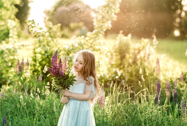 白いドレスでかわいい巻き少女の肖像画は 夕日の牧草地に滞在し 笑顔と花の花束を保持する 健康で 田舎の夏を楽しみ 幸せな子供時代のコンセプト — ストック写真